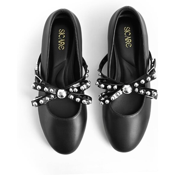 SICARE Mary Jane Black Flats Ballet Flats Shoes Pearl Embellished Bow Loafer - Picture 3 of 10